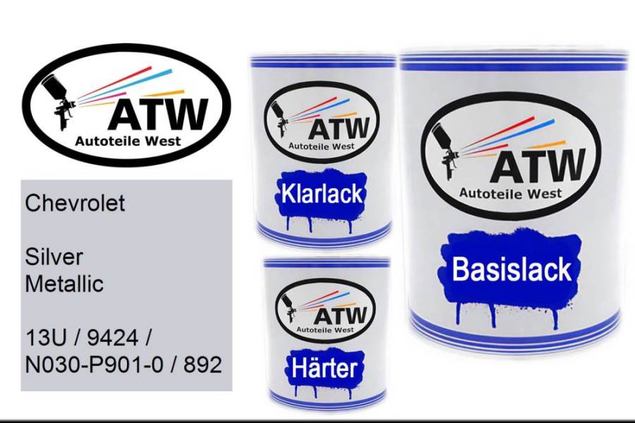 Chevrolet, Silver Metallic, 13U / 9424 / N030-P901-0 / 892: 1L Lackdose + 1L Klarlack + 500ml Härter - Set, von ATW Autoteile West.